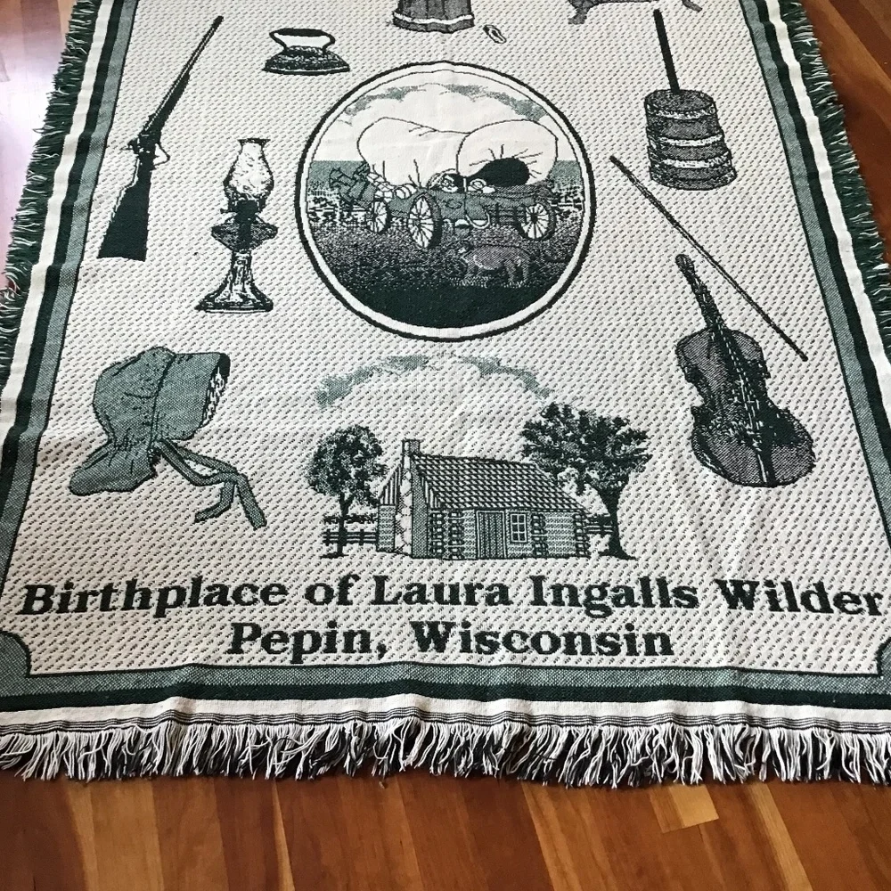 Laura Ingalls Wilder Vintage Throw Birthplace Wisconsin Dark Green Blanket